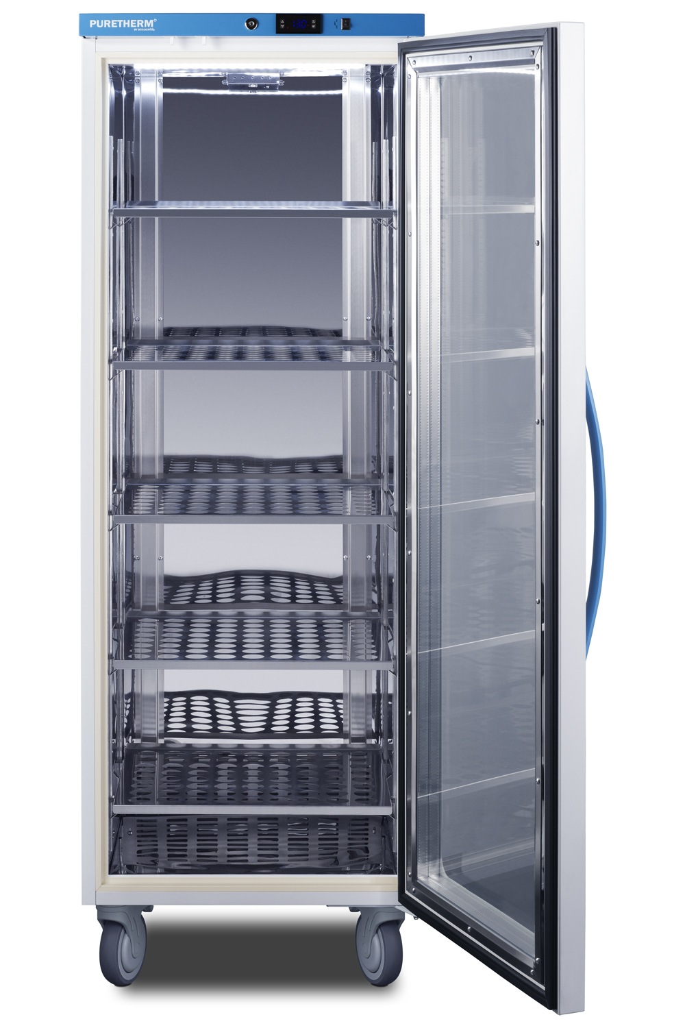 Performance Series hospital blanket warmer with a self-closing glass door, stainless steel interior, digital thermostat, casters, and lock